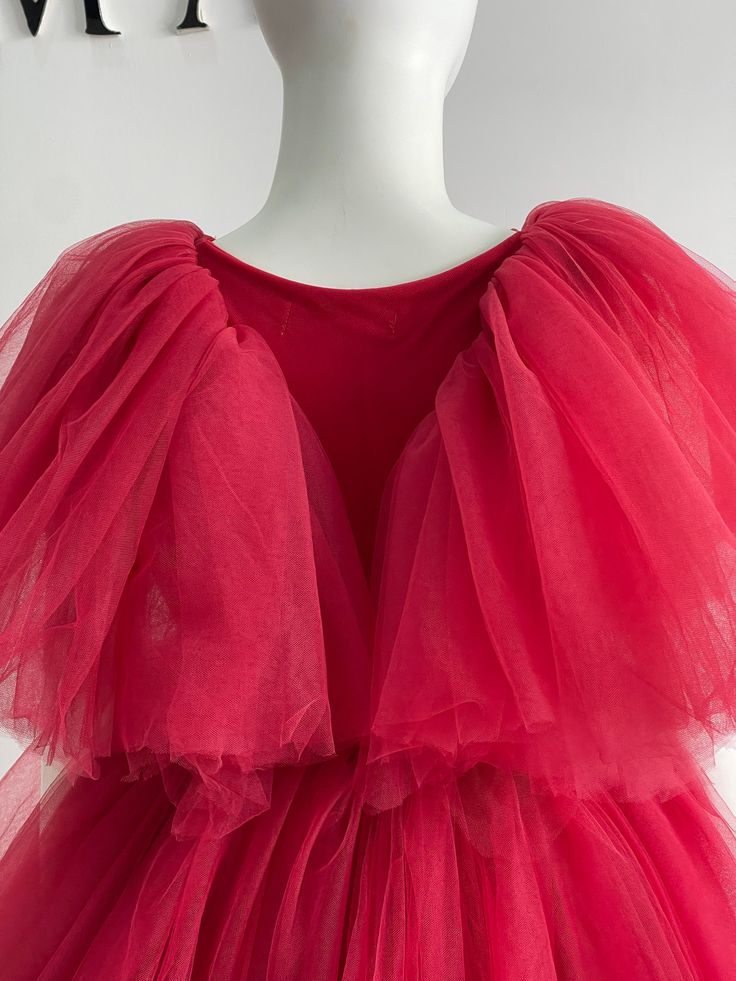 Red V Neck TulleTiered Tutu Dress Party Dress African Prom Quinceanera Dress,DP460