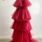 Red V Neck TulleTiered Tutu Dress Party Dress African Prom Quinceanera Dress,DP460