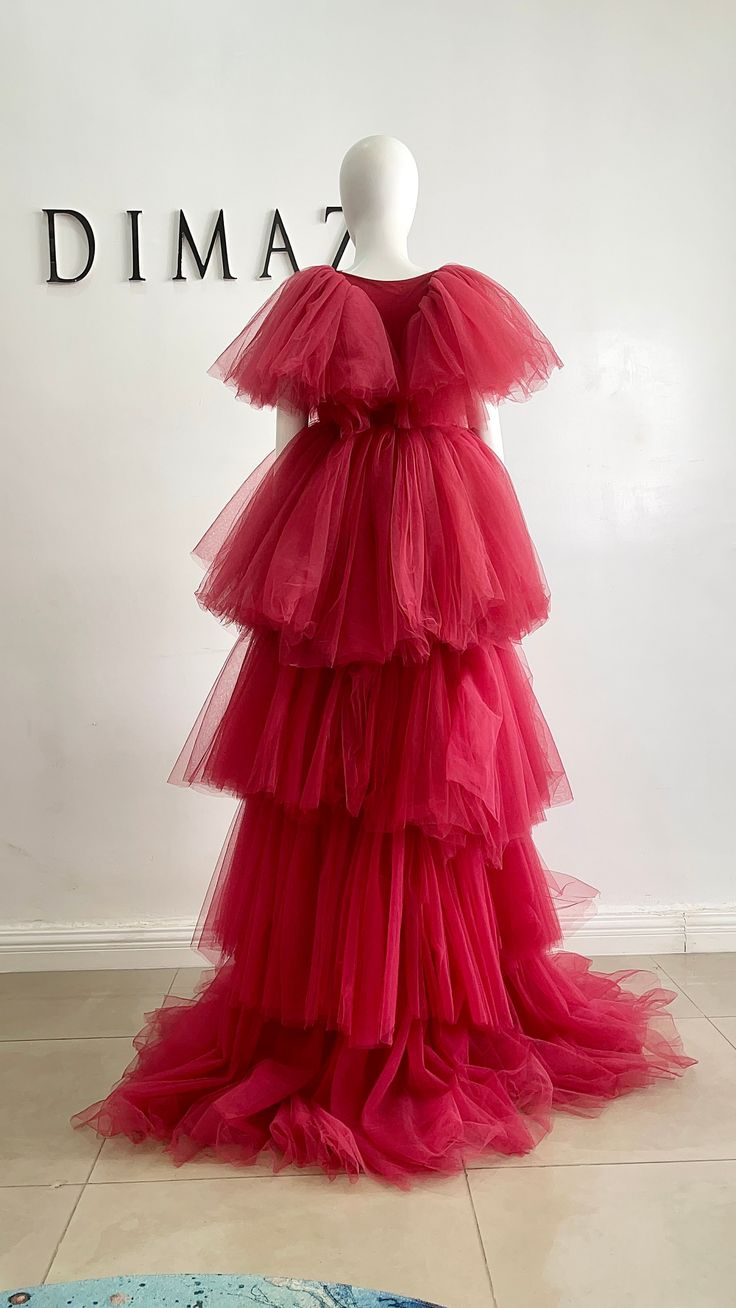 Red V Neck TulleTiered Tutu Dress Party Dress African Prom Quinceanera Dress,DP460