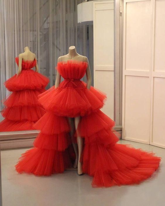 Red Strapless Tulle High-Low Ball Gown Long Prom Dress Evening Dress,DP462