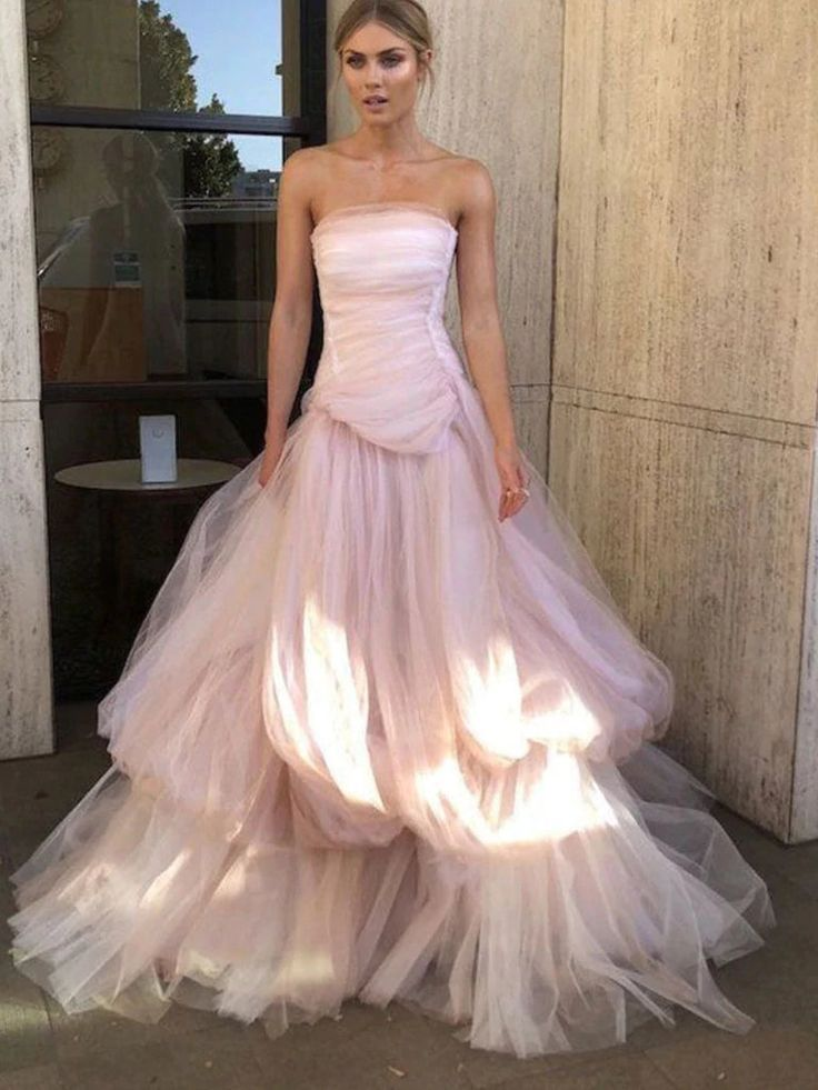 Light Pink Strapless A-Line Tulle Long Prom Dress Elegant Party Dress,DP465