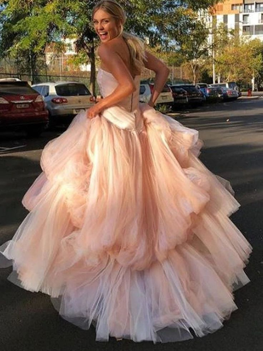 Light Pink Strapless A-Line Tulle Long Prom Dress Elegant Party Dress,DP465