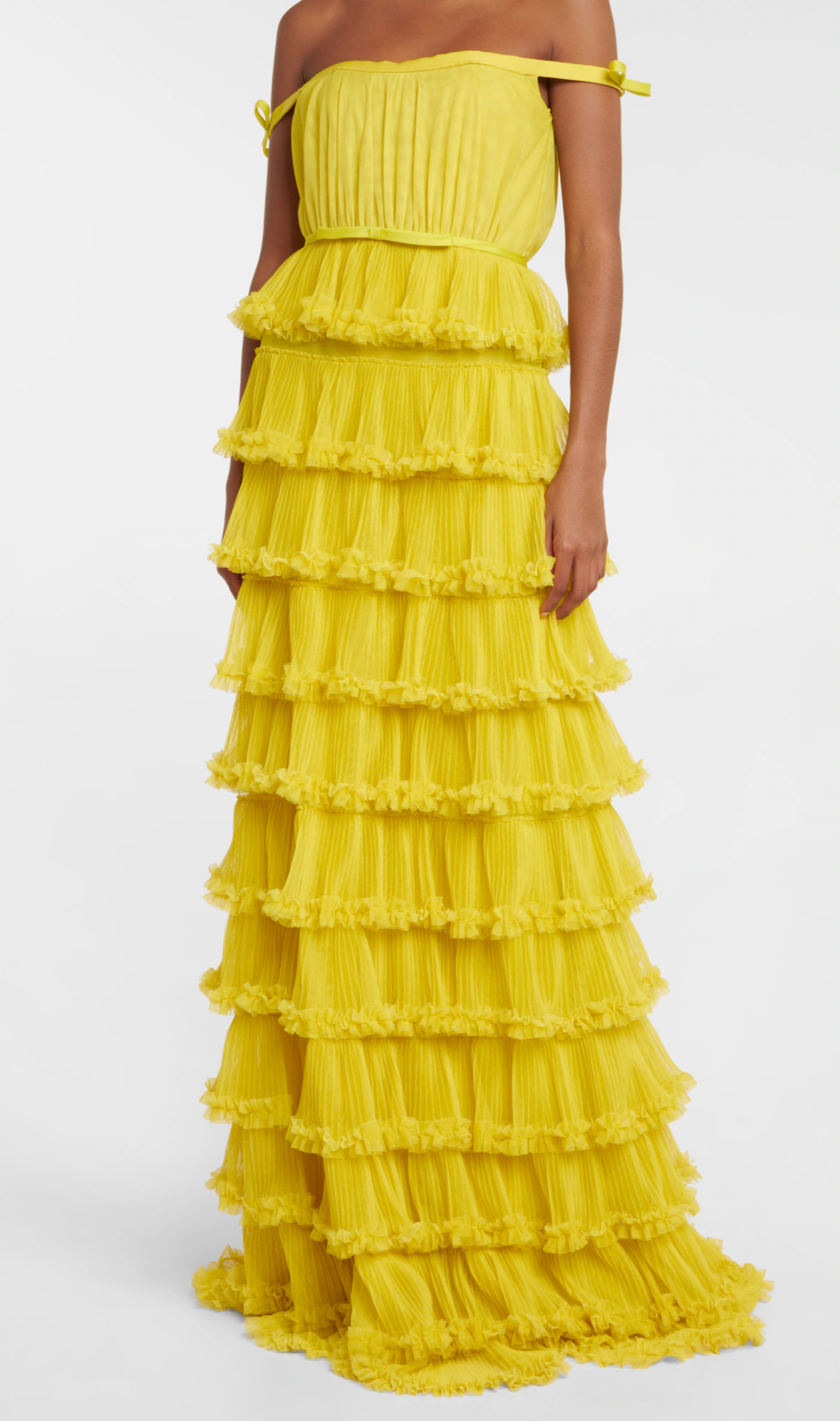 Yellow A-Line Tiered Tulle Off-The-Shoulder Long Prom Party Dress,DP466