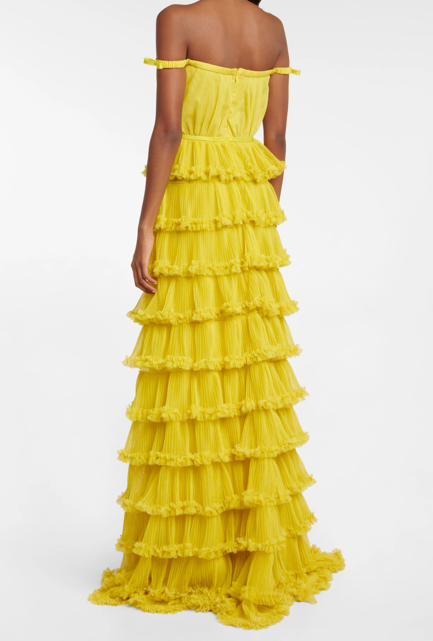 Yellow A-Line Tiered Tulle Off-The-Shoulder Long Prom Party Dress,DP466