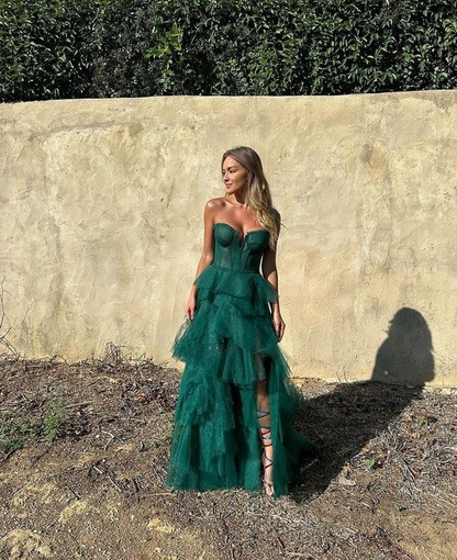 Sweetheart Tulle Tiered Hunter Green Slit Long Prom Dress Party Dress,DP472