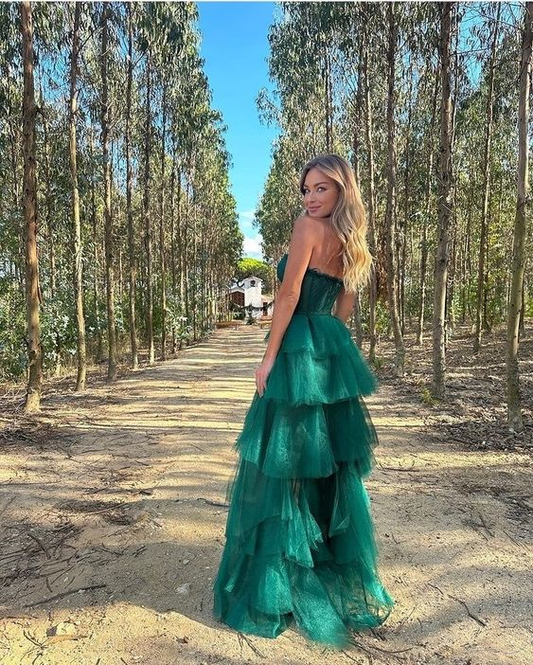 Sweetheart Tulle Tiered Hunter Green Slit Long Prom Dress Party Dress,DP472