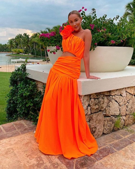 Orange Stylish One Shoulder Floral Long Prom Dress Party Dress,DP474