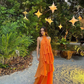 Orange Halter Ruffle Backless A-Line Long Prom Dress Evening Party Dress,DP478