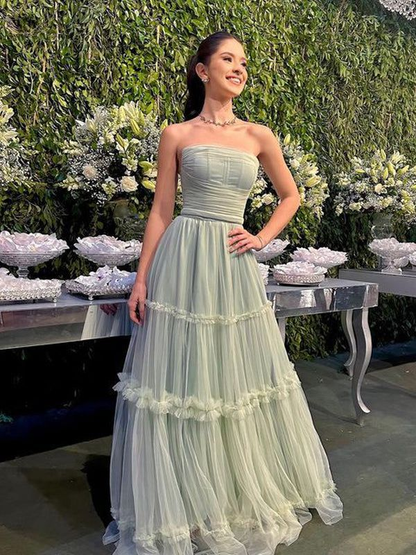 Elegant Light Green Tulle A-line Strapless Maxi Long Party Prom Dress,DP479