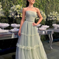 Elegant Light Green Tulle A-line Strapless Maxi Long Party Prom Dress,DP479