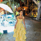 Pastel Yellow Ruffle Tiered A-Line Long Party Prom Dress,DP480