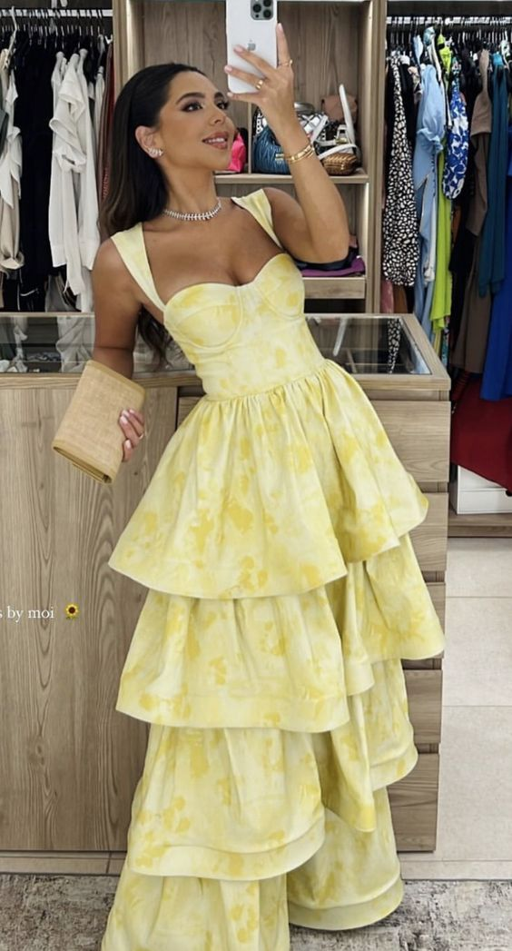 Pastel Yellow Ruffle Tiered A-Line Long Party Prom Dress,DP480