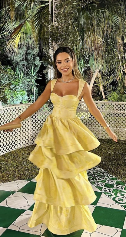 Pastel Yellow Ruffle Tiered A-Line Long Party Prom Dress,DP480