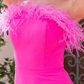 Hot Pink Strapless Feather Trim High Slit Gown Long Prom Dress,DP483