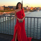 Red One Shoulder Feather Mermaid Party Dress Long Prom Dress,DP486