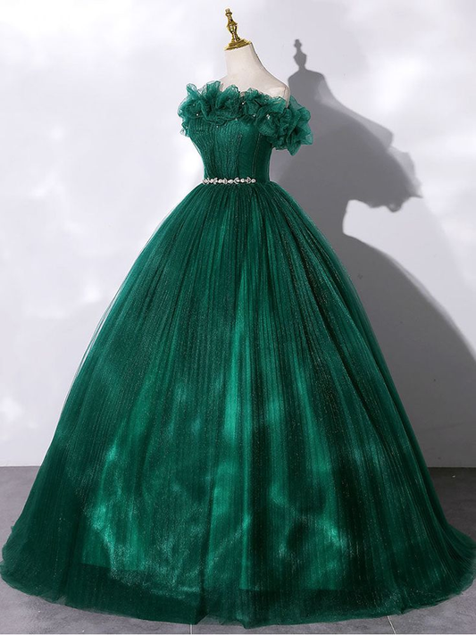 Green Tulle Off Shoulder Long Prom Dress Ball Gown Sweet 16 Dress,DP490