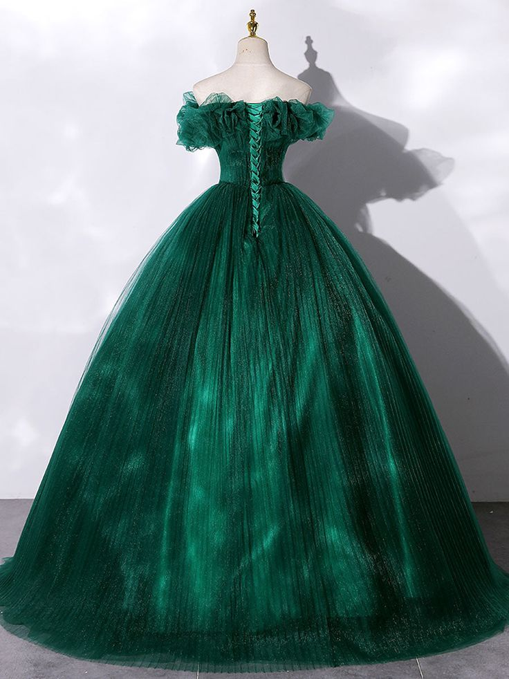 Green Tulle Off Shoulder Long Prom Dress Ball Gown Sweet 16 Dress,DP490