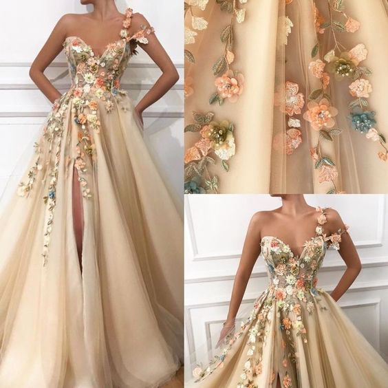 Beautiful One Shoulder A-Line Tulle Prom Dresses With Flowers,DP492