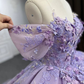 Lavender Off Shoulder Pearl Embroidered Lace with 3D Flowers Quinceanera Ball Gown Detachable Bow on Back,DP495