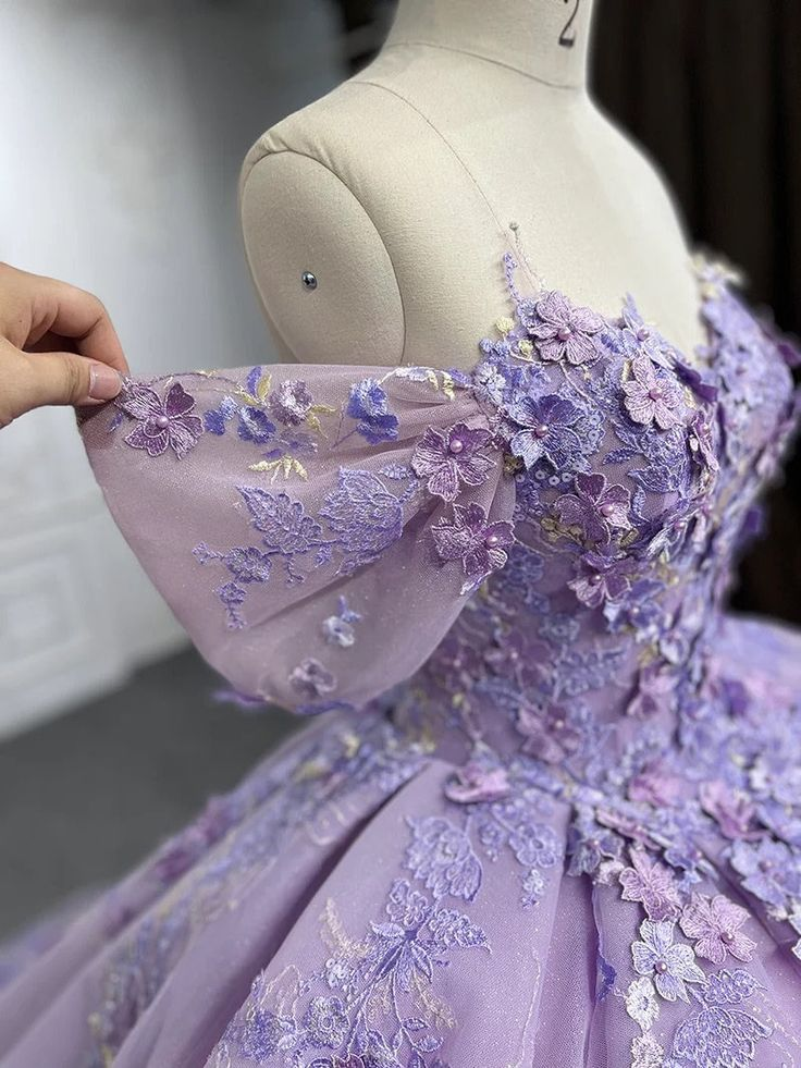 Lavender Off Shoulder Pearl Embroidered Lace with 3D Flowers Quinceanera Ball Gown Detachable Bow on Back,DP495