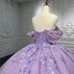 Lavender Off Shoulder Pearl Embroidered Lace with 3D Flowers Quinceanera Ball Gown Detachable Bow on Back,DP495