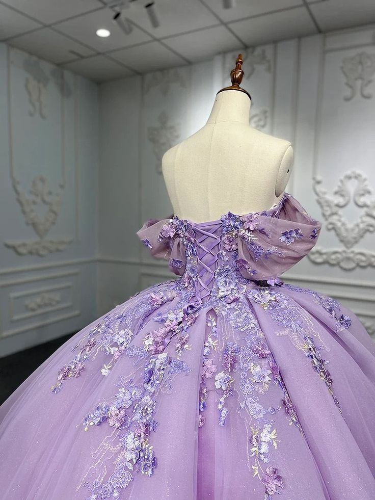 Lavender Off Shoulder Pearl Embroidered Lace with 3D Flowers Quinceanera Ball Gown Detachable Bow on Back,DP495