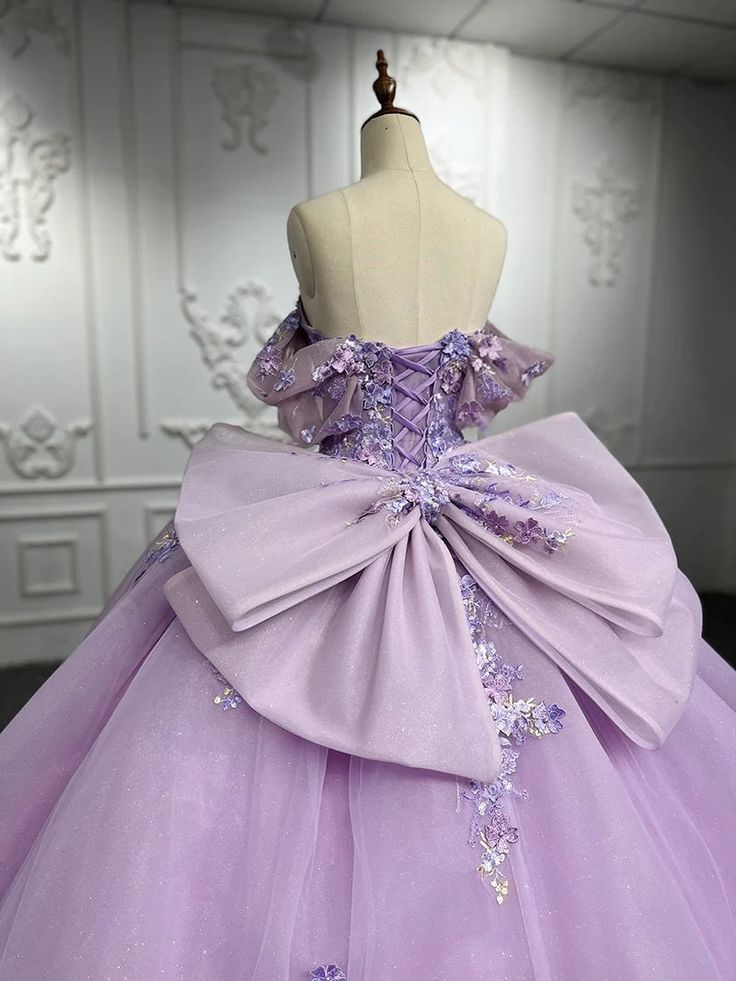 Lavender Off Shoulder Pearl Embroidered Lace with 3D Flowers Quinceanera Ball Gown Detachable Bow on Back,DP495