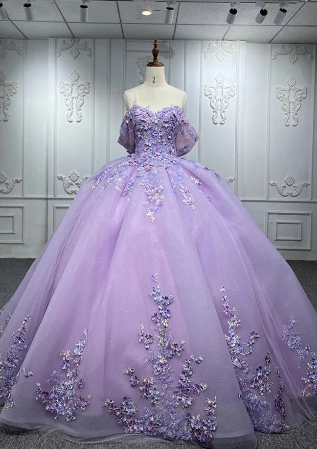 Lavender Off Shoulder Pearl Embroidered Lace with 3D Flowers Quinceanera Ball Gown Detachable Bow on Back,DP495