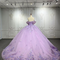 Lavender Off Shoulder Pearl Embroidered Lace with 3D Flowers Quinceanera Ball Gown Detachable Bow on Back,DP495