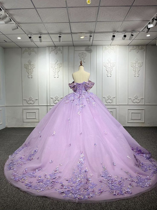 Lavender Off Shoulder Pearl Embroidered Lace with 3D Flowers Quinceanera Ball Gown Detachable Bow on Back,DP495