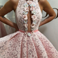 Chic Pink Halter A-Line Floral Prom Dress Long Evening Dress,DP497