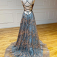 A-Line V Neck Tulle Sequin Long Prom Dress Backless Long Evening Dress,DP498