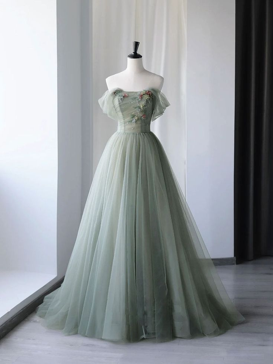 Gray Green Tulle Off Shoulder Long Prom Dress Formal Party Dress,DP499