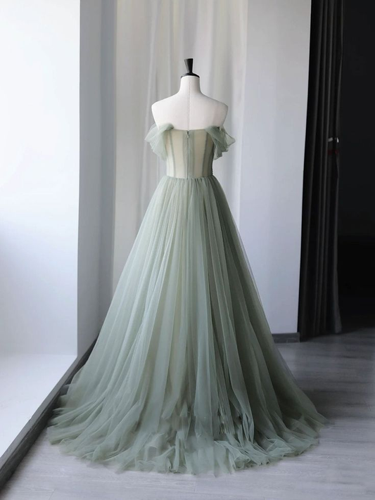 Gray Green Tulle Off Shoulder Long Prom Dress Formal Party Dress,DP499