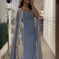 Dusty Blue Mermaid Appliques Beading Long Party Dress with Cape Sleeves,DP500