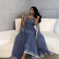 Dusty Blue Mermaid Appliques Beading Long Party Dress with Cape Sleeves,DP500