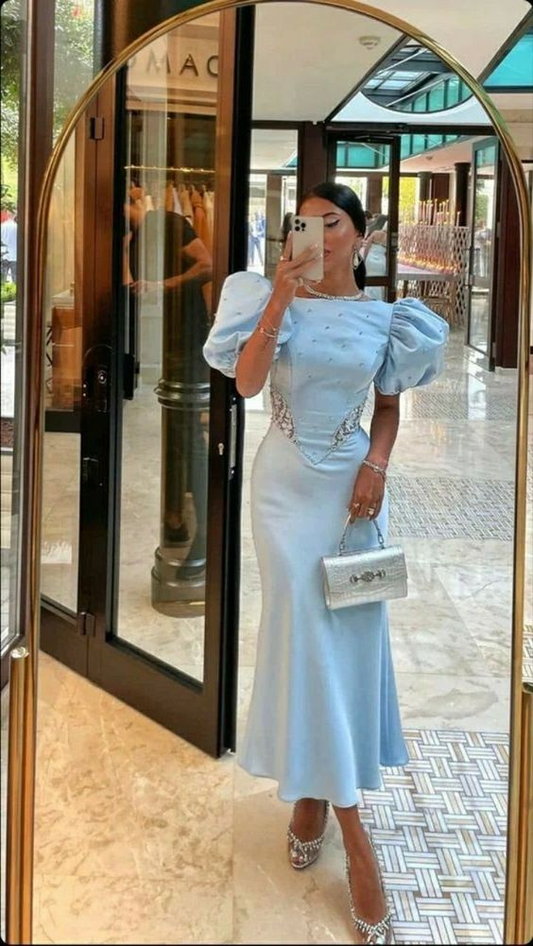 Light Blue Puffy Sleeves Ankle Length Elegant Prom Dress Party Dress,DP501