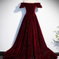 Burgundy Shiny Velvet A-Line Off Shoulder Long Prom Dress Formal Party Dress,DP502