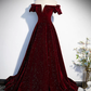 Burgundy Shiny Velvet A-Line Off Shoulder Long Prom Dress Formal Party Dress,DP502