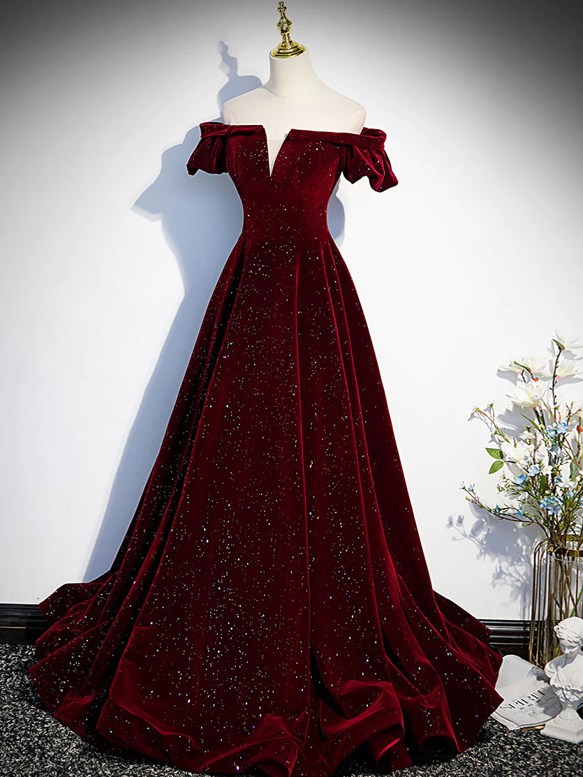 Burgundy Shiny Velvet A-Line Off Shoulder Long Prom Dress Formal Party Dress,DP502