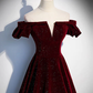 Burgundy Shiny Velvet A-Line Off Shoulder Long Prom Dress Formal Party Dress,DP502