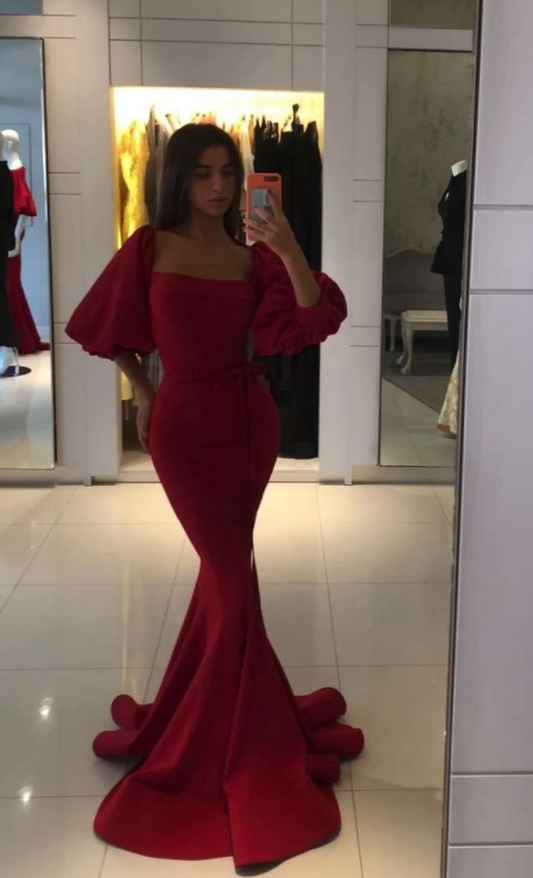 Sexy Red Square Neck Half Sleeves Mermaid Long Prom Dress,DP505