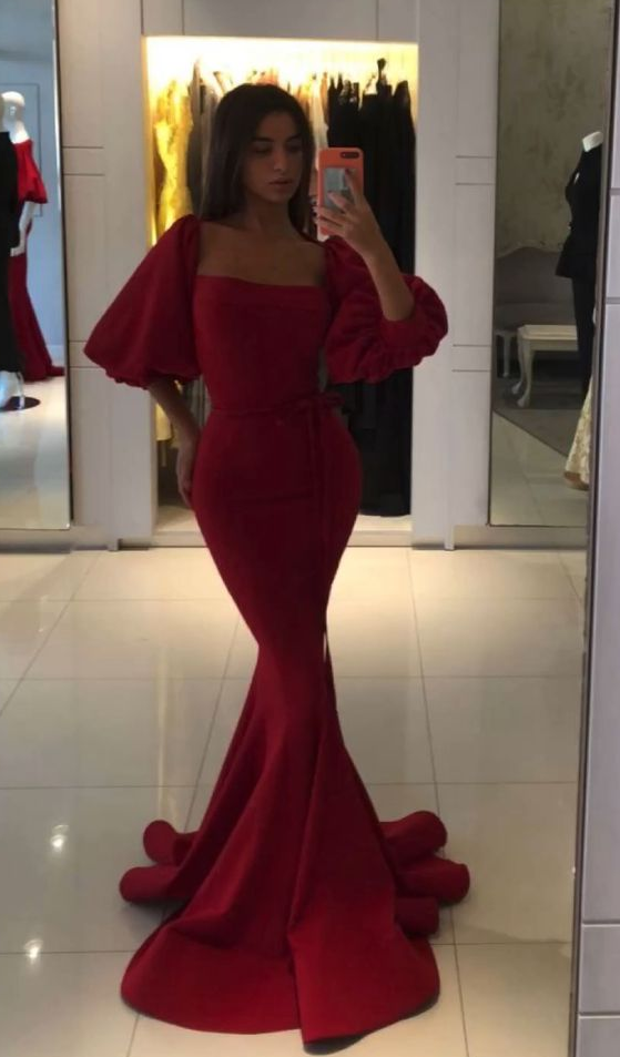 Sexy Red Square Neck Half Sleeves Mermaid Long Prom Dress,DP505