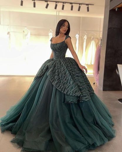 Dark Green Tulle A-Line Long Prom Dress Evening Party Dress Ball Gown,DP507