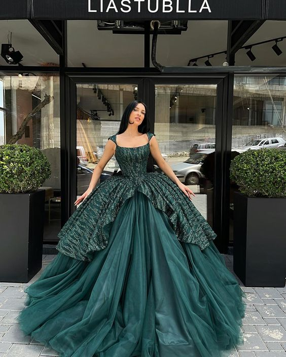 Dark Green Tulle A-Line Long Prom Dress Evening Party Dress Ball Gown,DP507