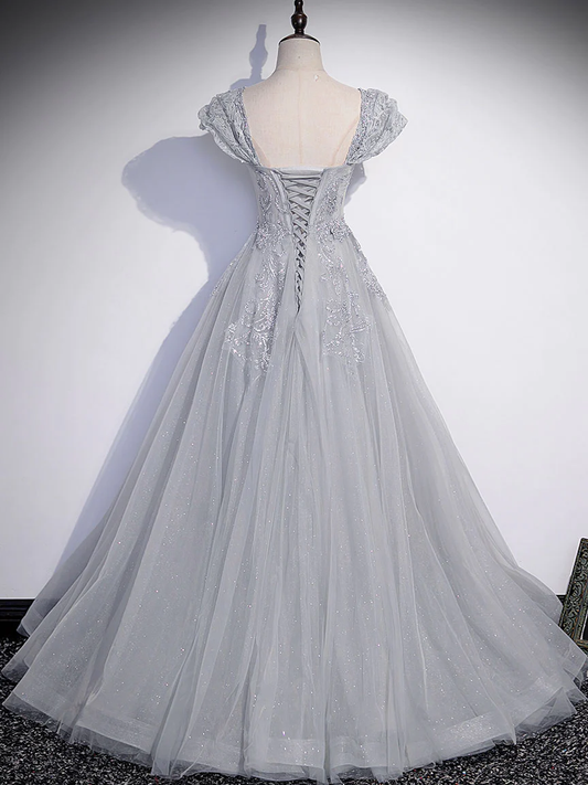 Gray A-Line Tulle Lace Long Prom Dress Evening Dress,DP508