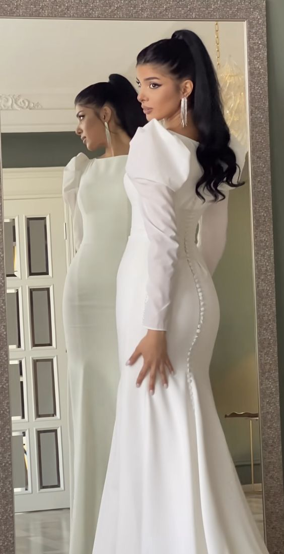 White Mermaid Long Sleeve Formal Party Dress Long Prom Dress,DP510