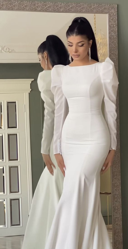 White Mermaid Long Sleeve Formal Party Dress Long Prom Dress,DP510