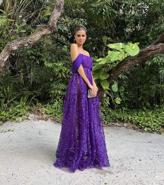 Purple A-Line Off Shoulder Floral Long Prom Dress Party Dress,DP513