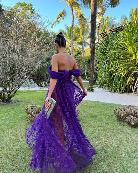 Purple A-Line Off Shoulder Floral Long Prom Dress Party Dress,DP513